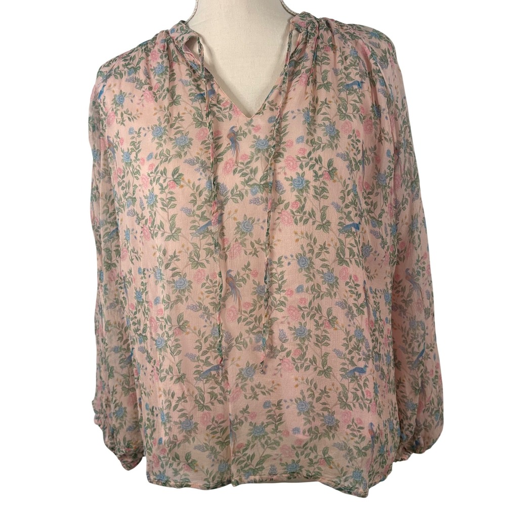 Marigold by Victoria Dunn Pink Floral‎ Bird Cotton Blouse Long Sleeve Tie Neck S